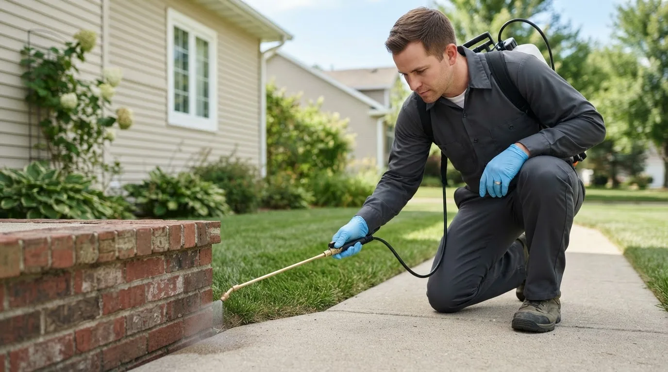 Pest control technician treating a home near Sweet Home, OR